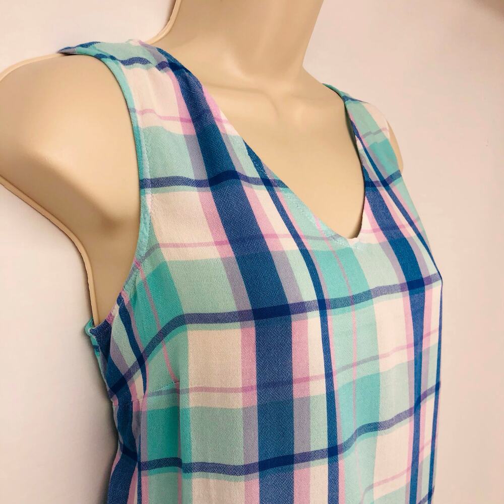 a.n.a. Blue White Pink Plaid Sleeveless Top Ruffled Trim Hem - Picture 6 of 16